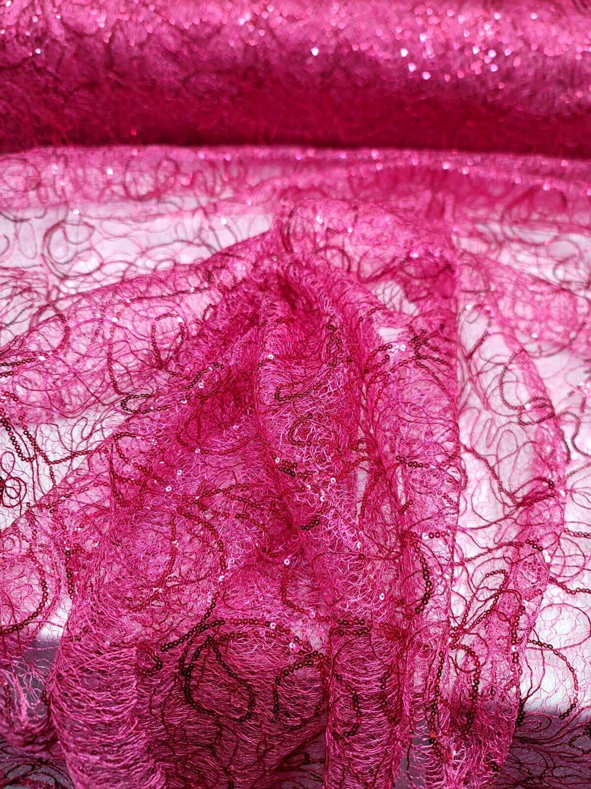 Sequin Mesh Fabric Spider Webs Fuchsia