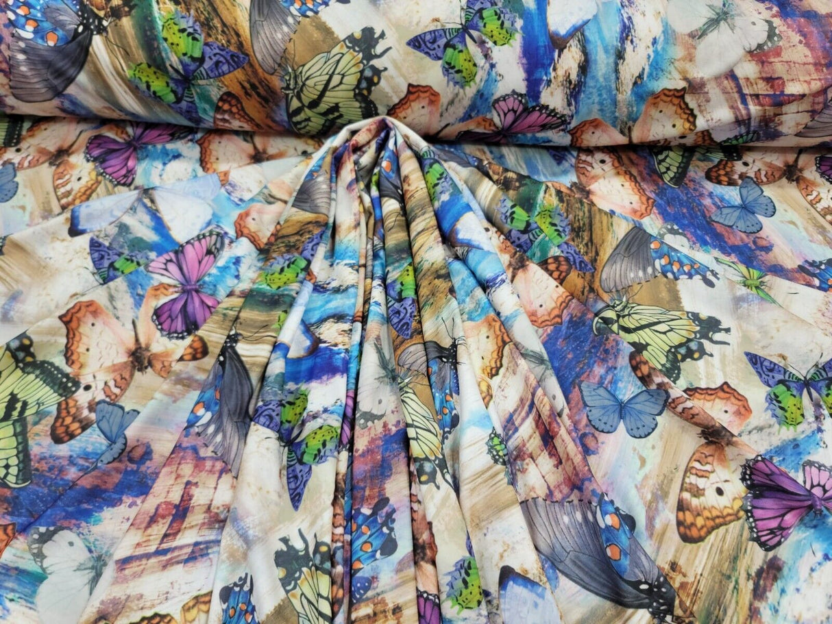 Printed Spandex Butterfly Fabric Blue Green Lavender