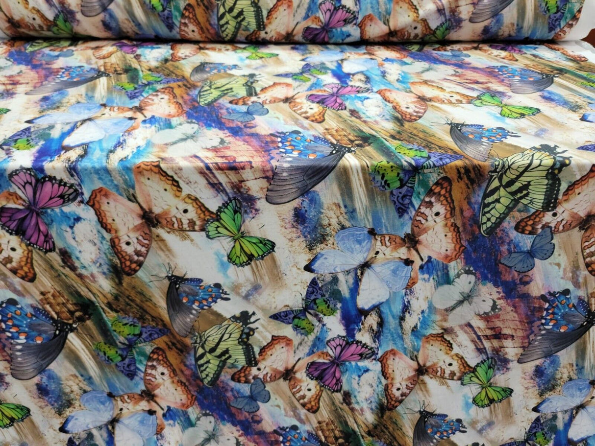 Printed Spandex Butterfly Fabric Blue Green Lavender