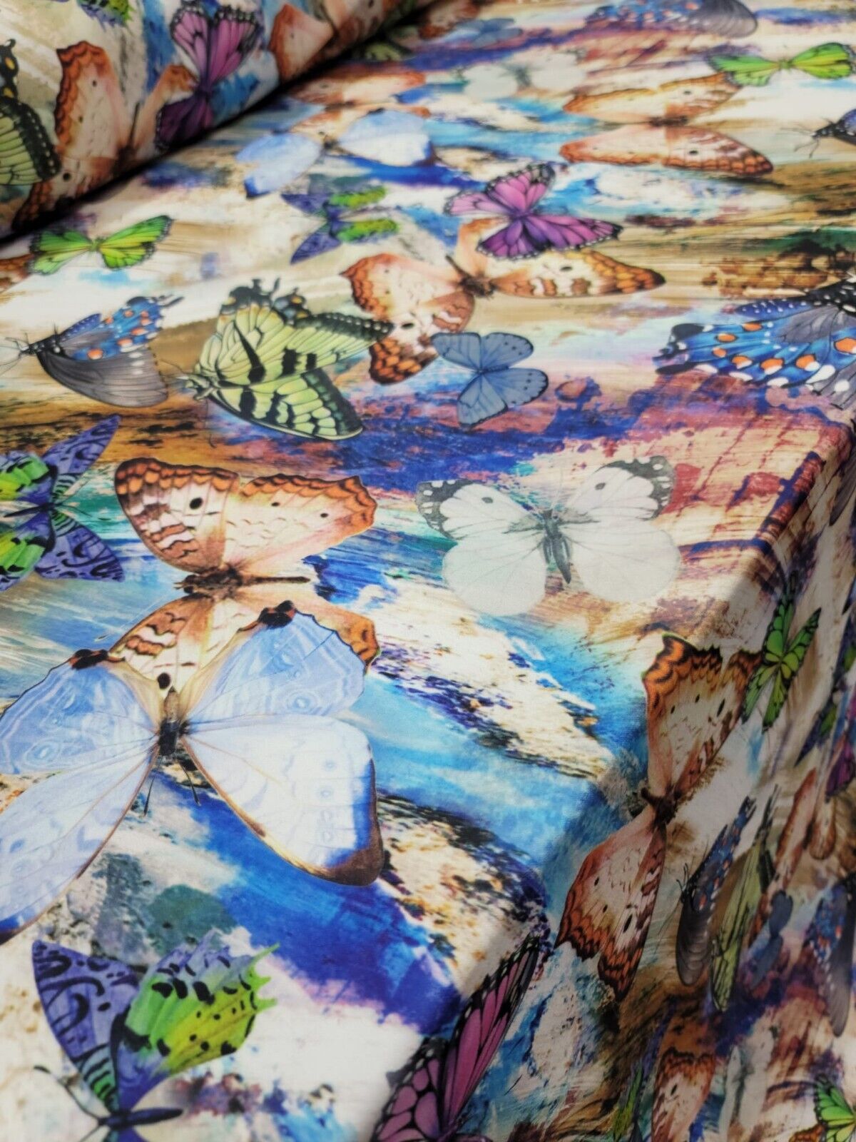 Printed Spandex Butterfly Fabric Blue Green Lavender