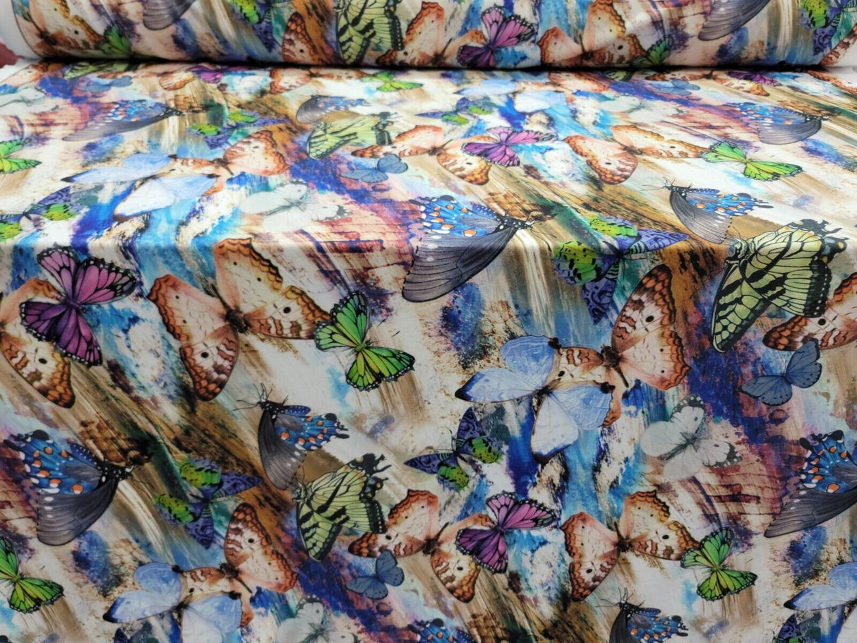 Printed Spandex Butterfly Fabric Blue Green Lavender