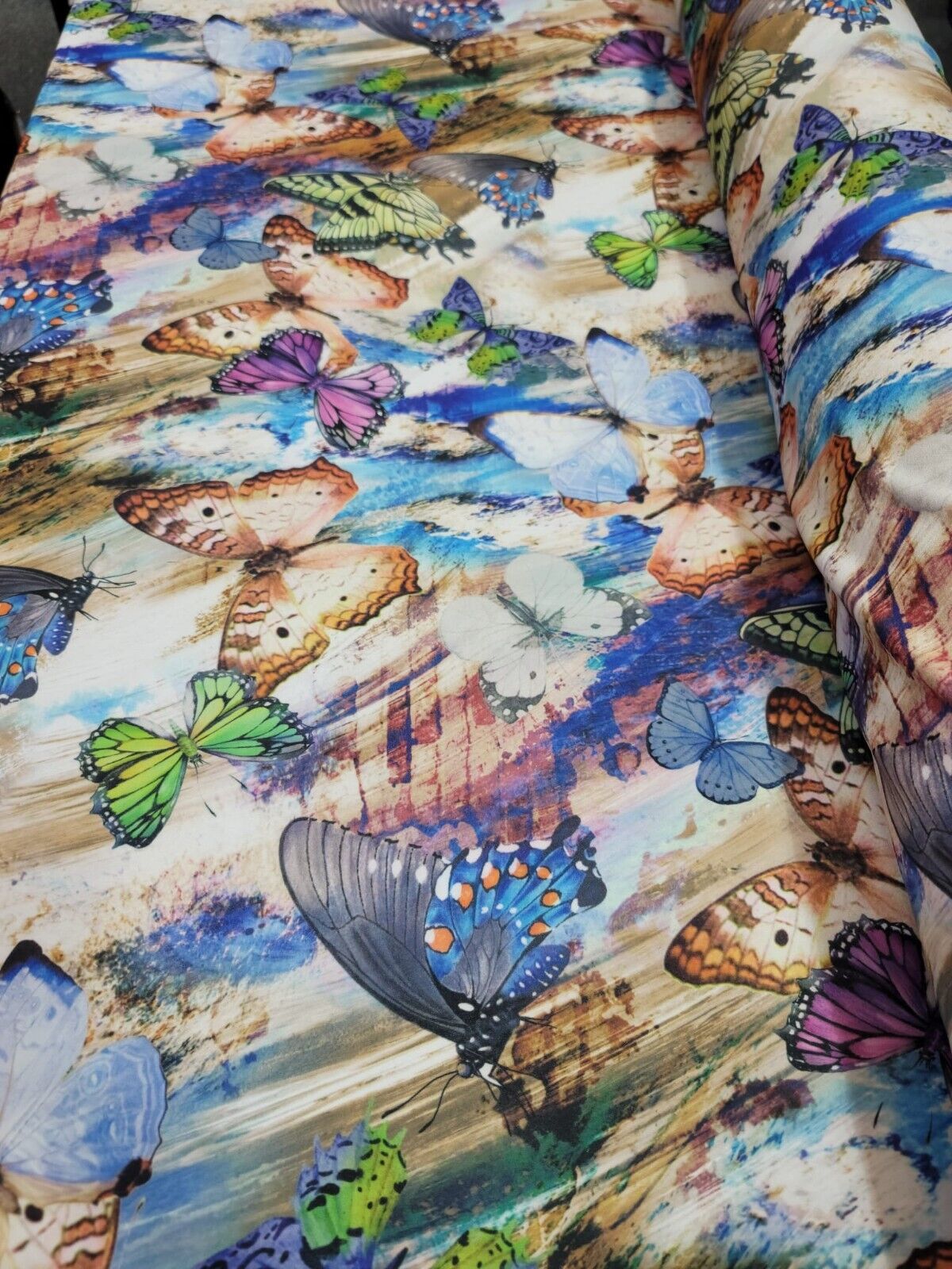 Printed Spandex Butterfly Fabric Blue Green Lavender