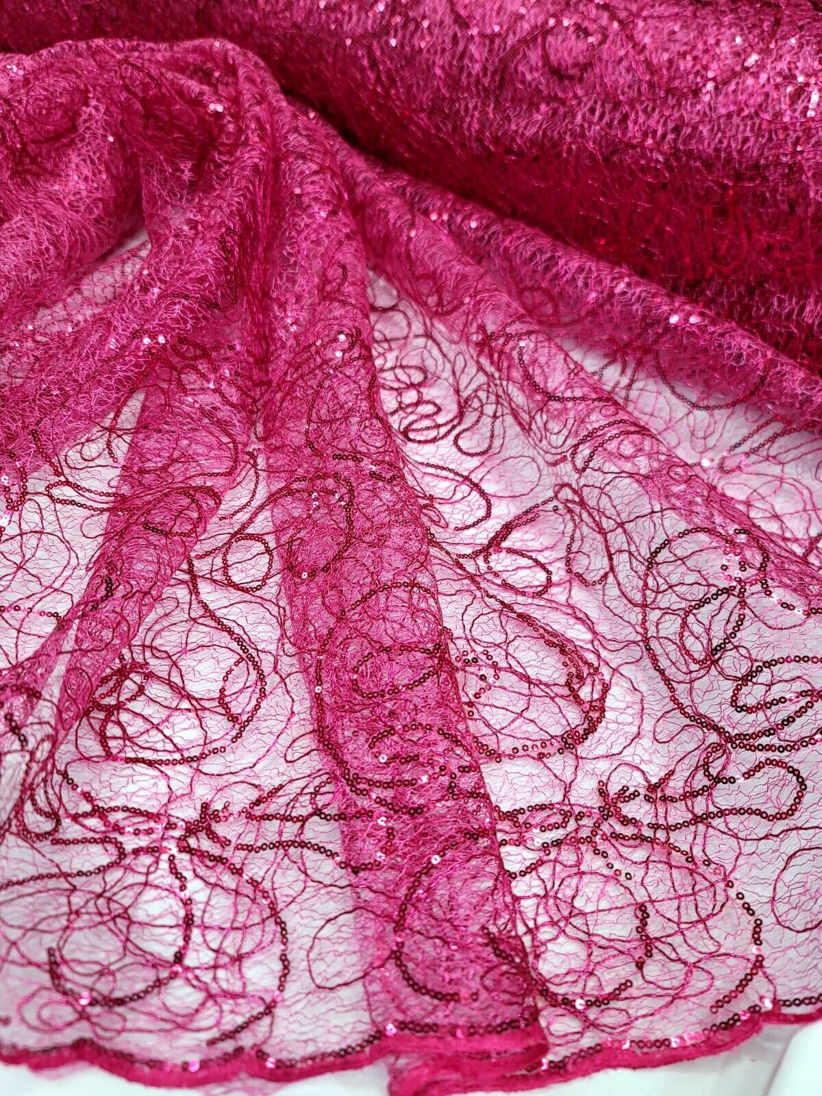 Sequin Mesh Fabric Spider Webs Fuchsia