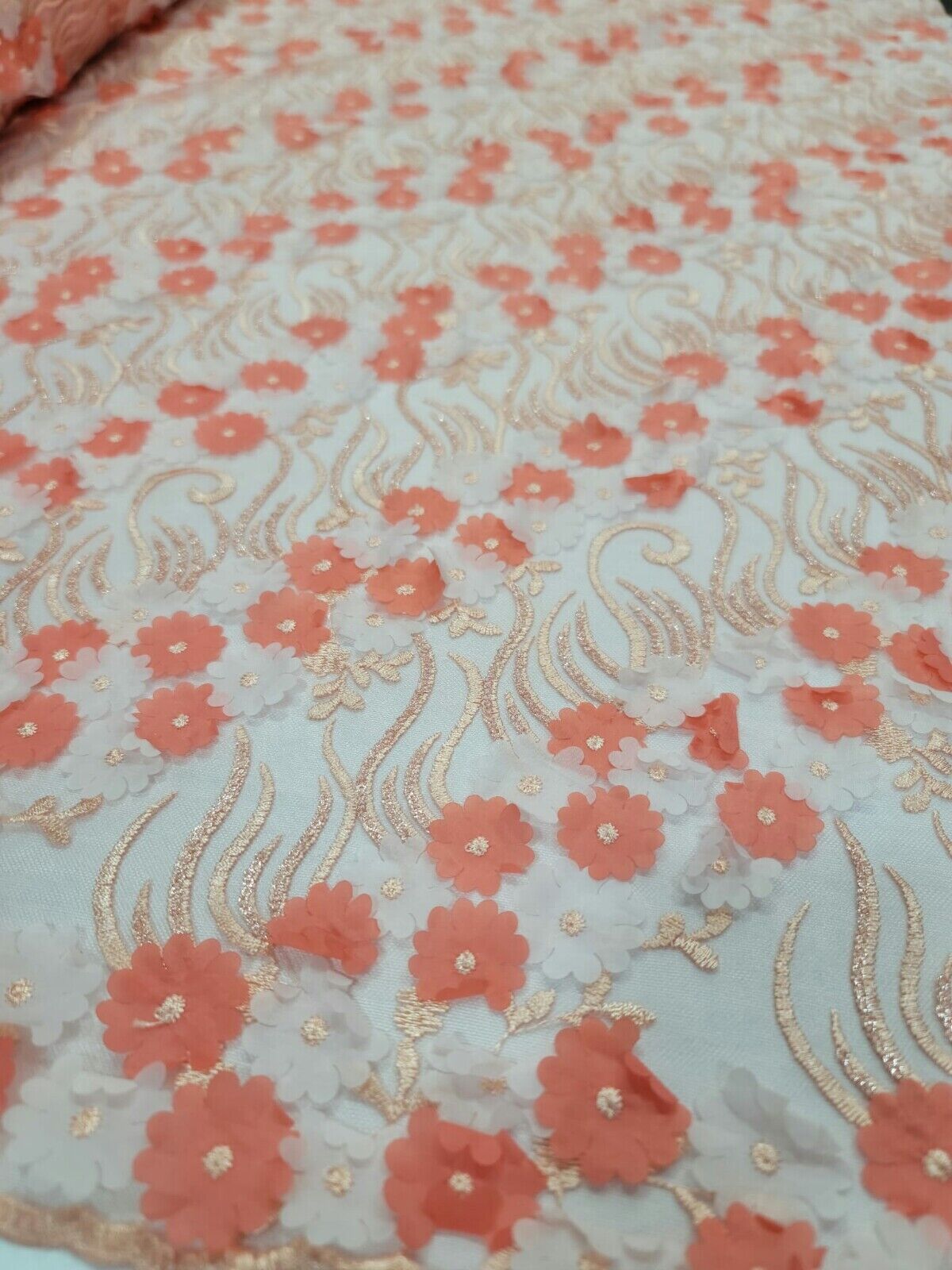 3D Floral Lace Coral Embroidery Sequin Fabric