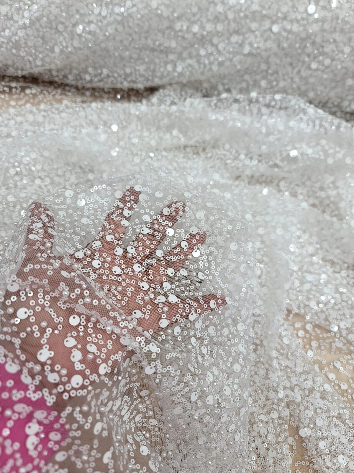 White Beaded Lace Fabric