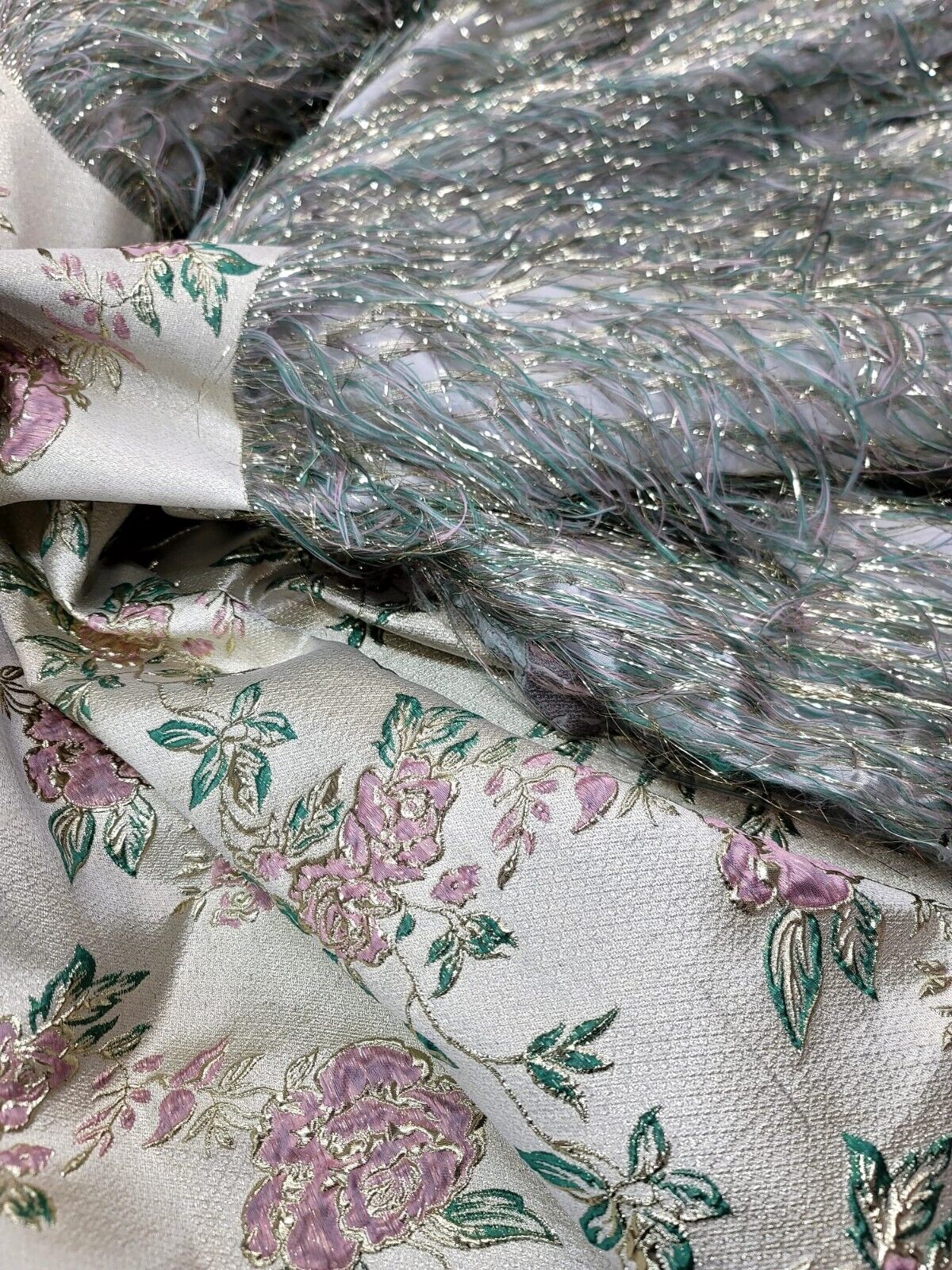 Brocade Jacquard Metallic Eyelash Fabric Sage Pink Gold