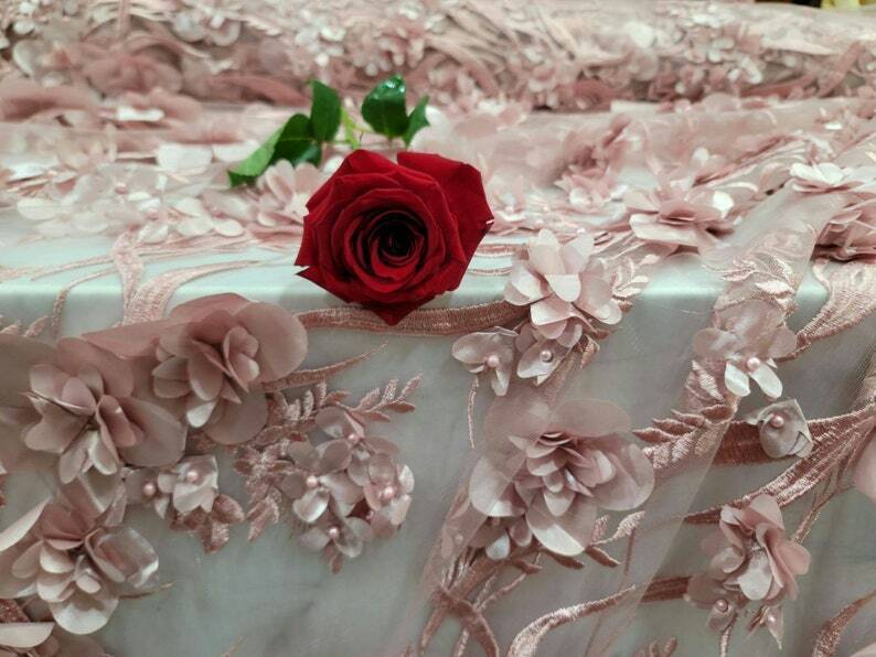 3D Floral Lace Dusty Rose Embroidered with Pearls