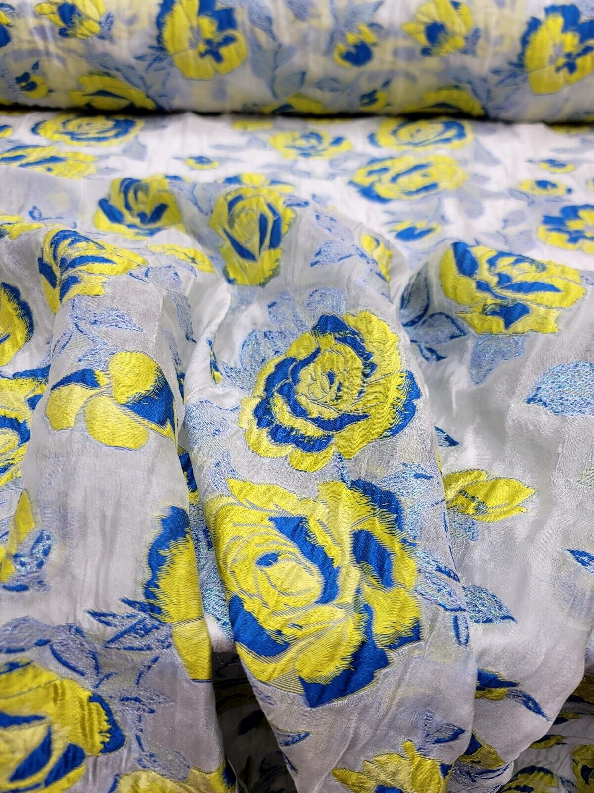 Brocade Jacquard Organza Fabric Yellow Royal Blue Floral