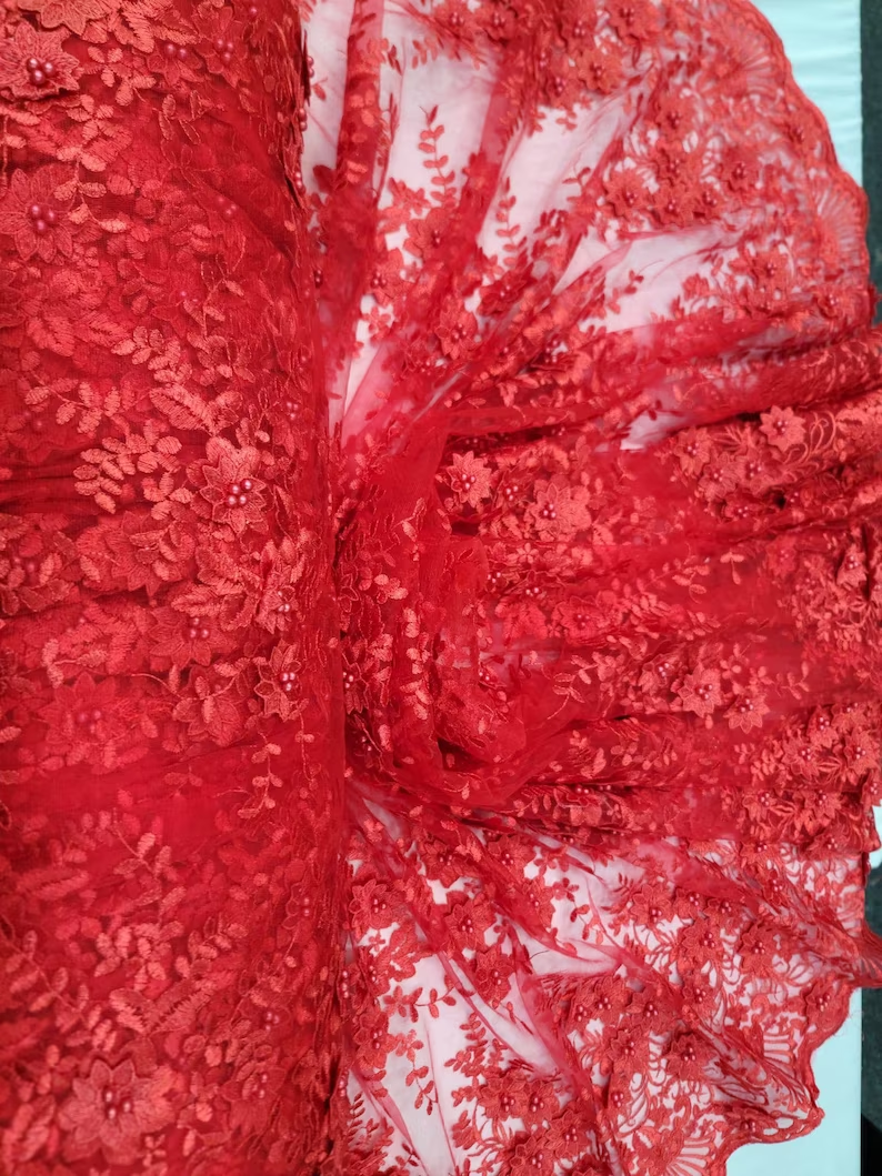 3D Flower Lace Embroidery Lace Fabric Red