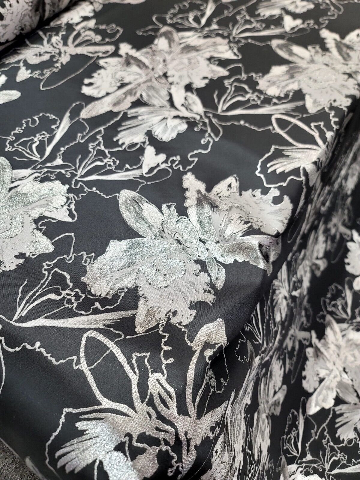Silver Floral Black Brocade Fabric