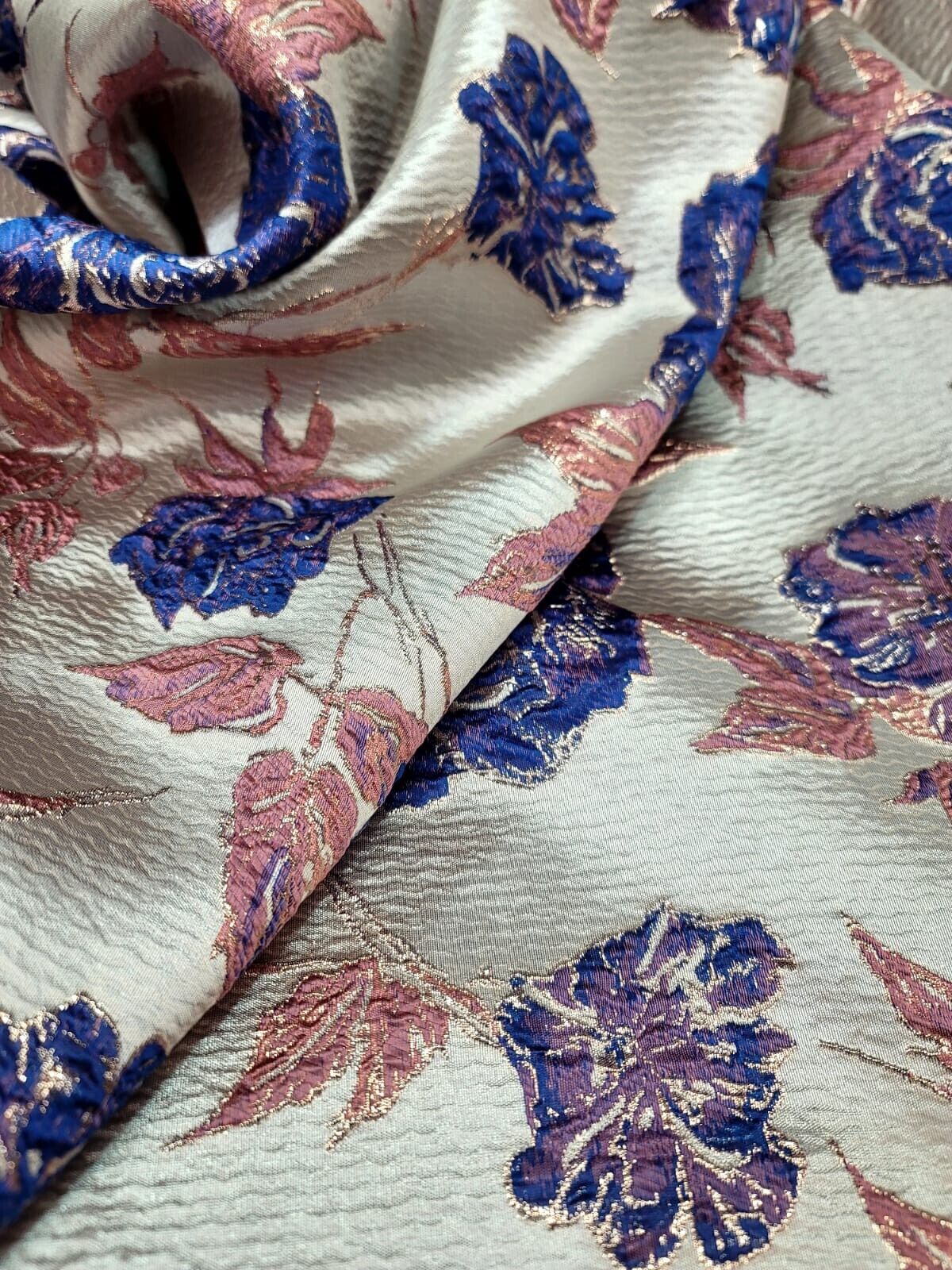 Brocade Jacquard Floral Metallic Fabric Royal Blue Pink
