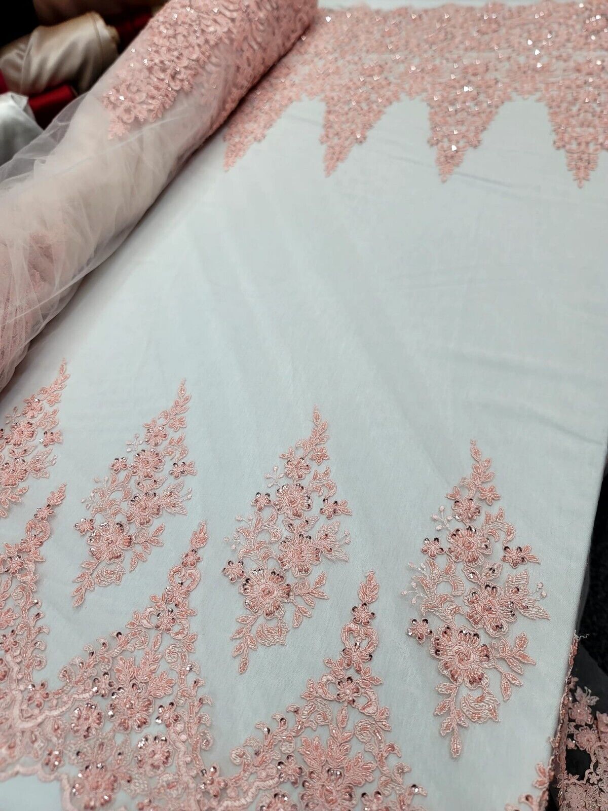 Blush Pink Sequined Embroidery Lace Fabric