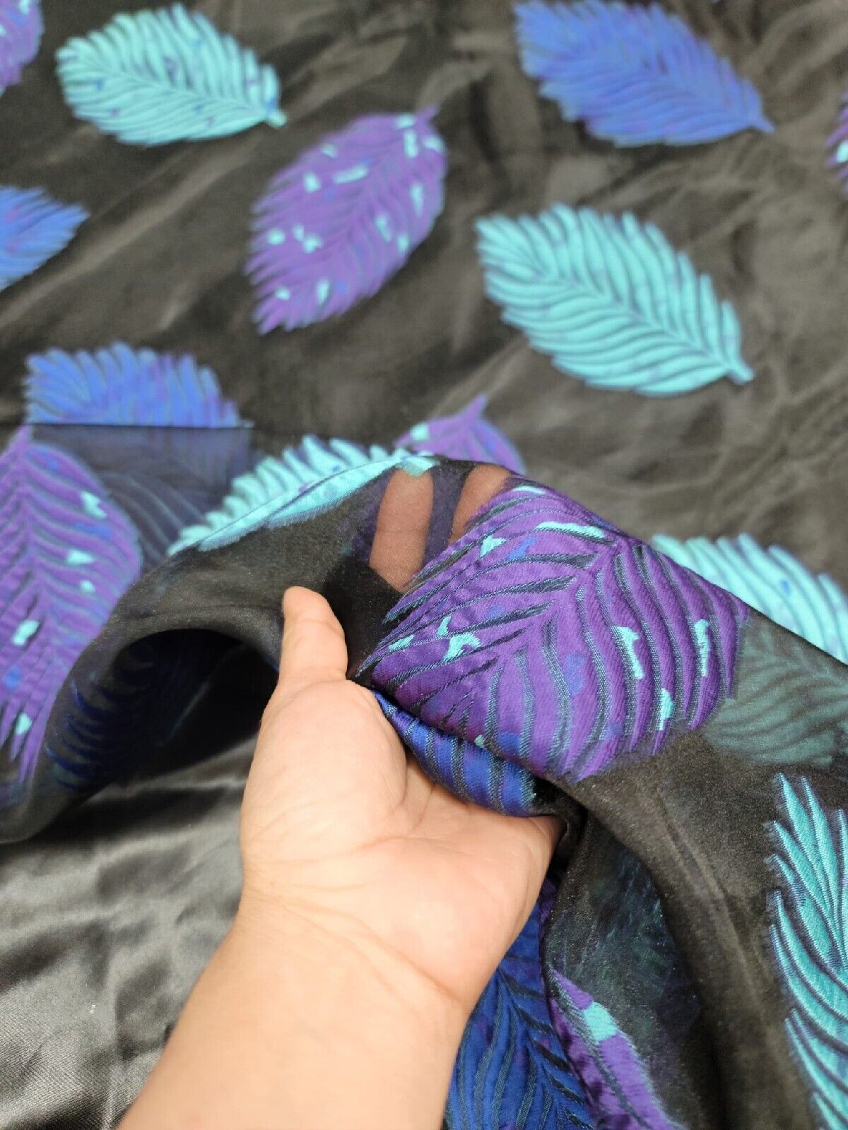 Organza Brocade Fabric Leaves Purple Aqua Blue on Black