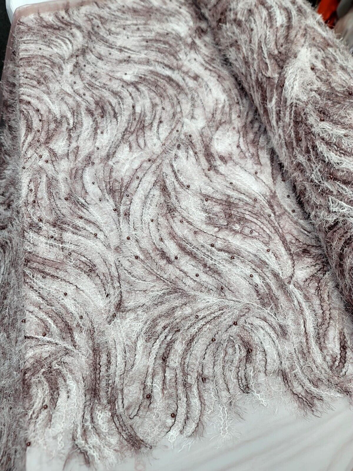 Embroidered Pearl Mesh Lace Fabric Mauve