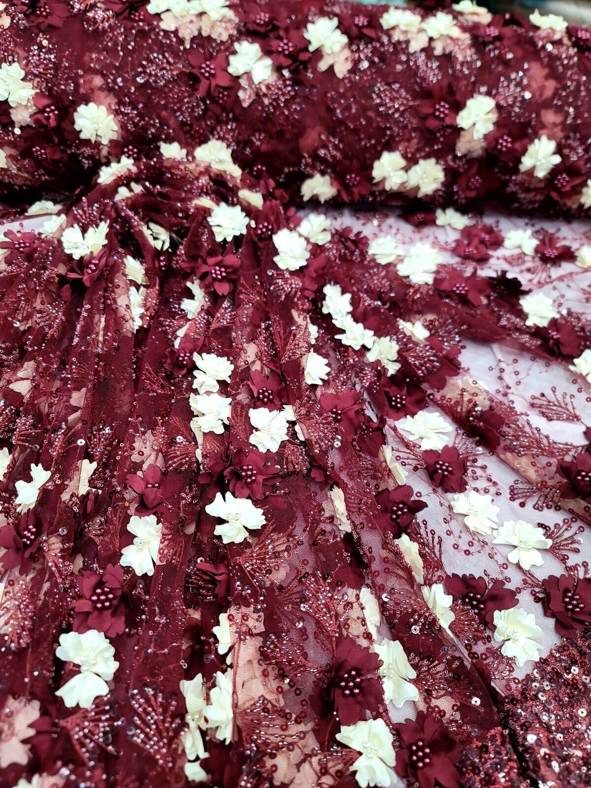 3D Floral Lace Burgundy Ivory Embroidered Mesh Fabric