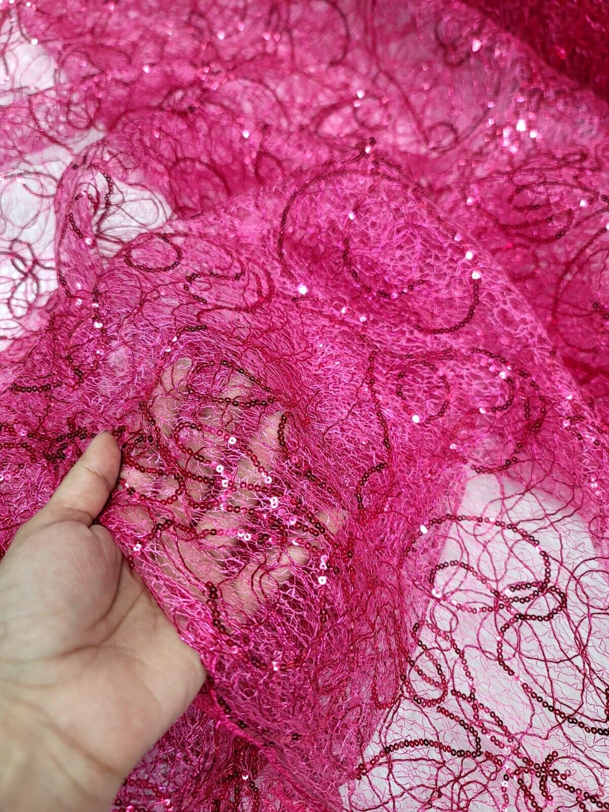 Sequin Mesh Fabric Spider Webs Fuchsia