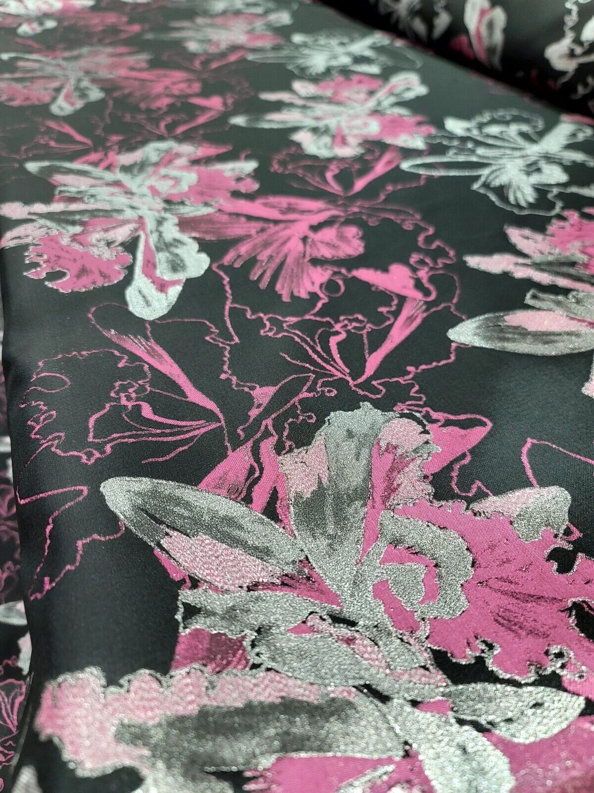 Brocade Jacquard Floral Fabric Pink Fuchsia Silver Black