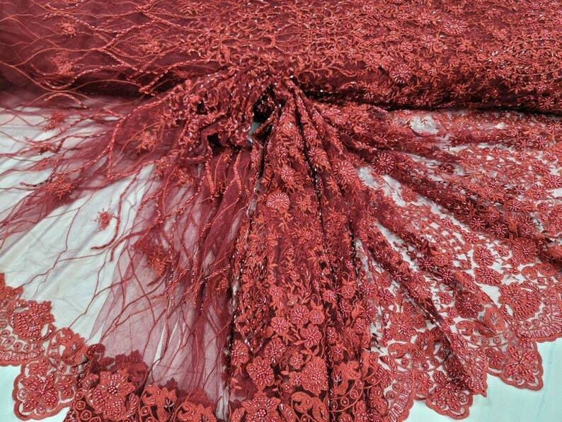Beaded Lace Fabric Burgundy Floral Embroidery Mesh