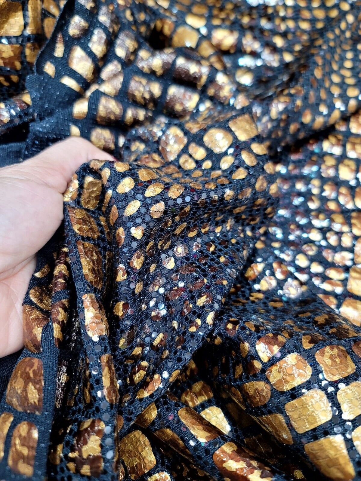 Sequin Stretch Fabric Brown Golden Desert Python Print