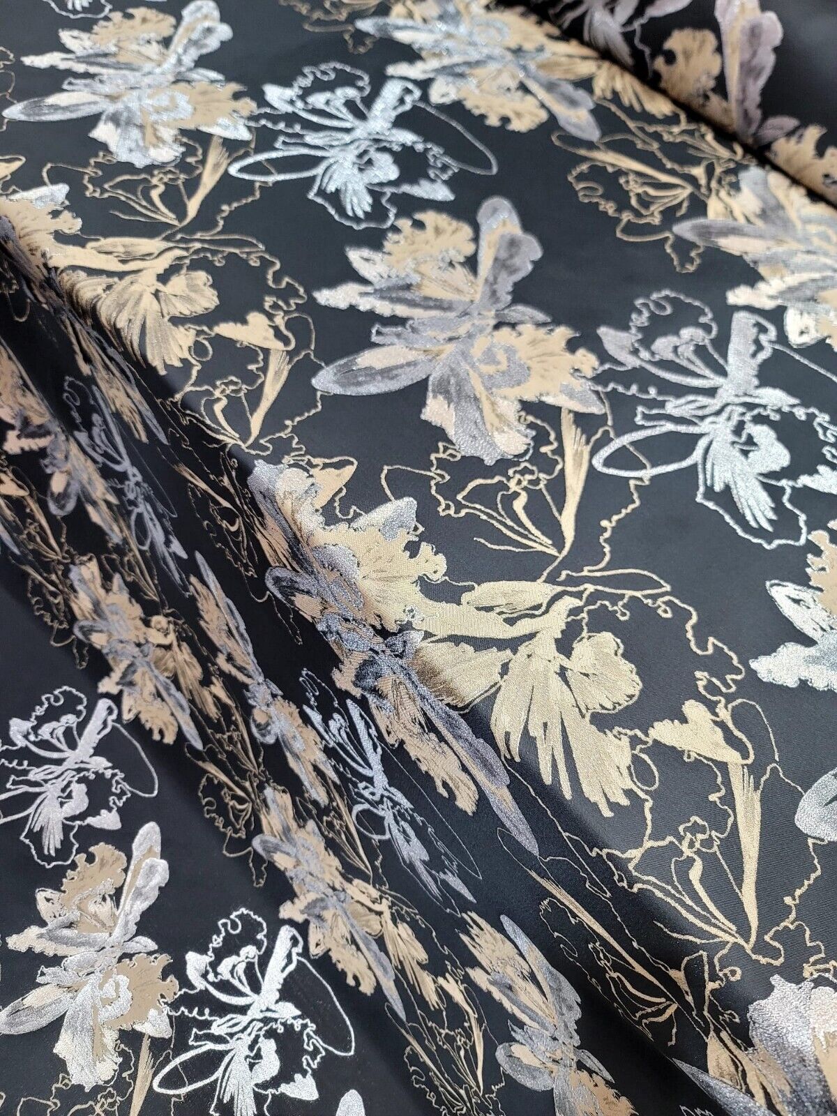 Brocade Jacquard Floral Fabric Gold Silver Black