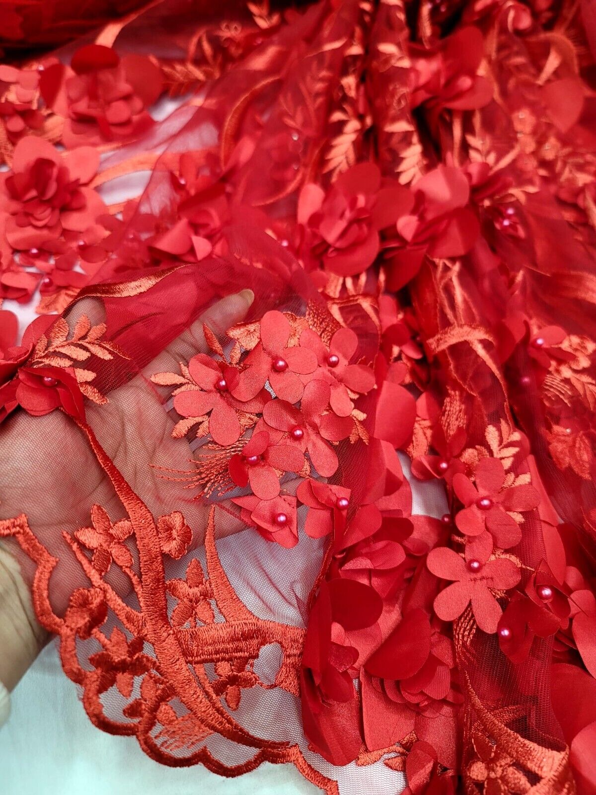 Red 3D Floral Embroidered Pearl Mesh Lace