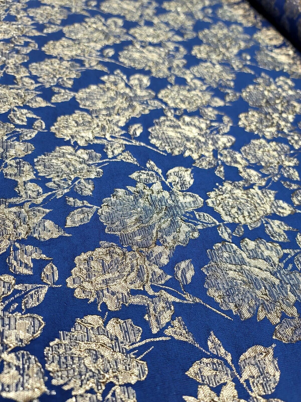 Royal Blue Brocade Fabric Metallic Silver Floral Emboss