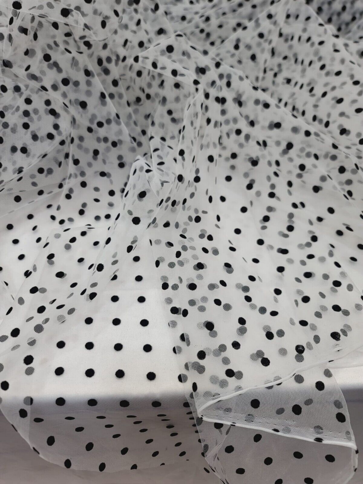 Tulle Mesh Fabric White with Black Velvet Polka Dots