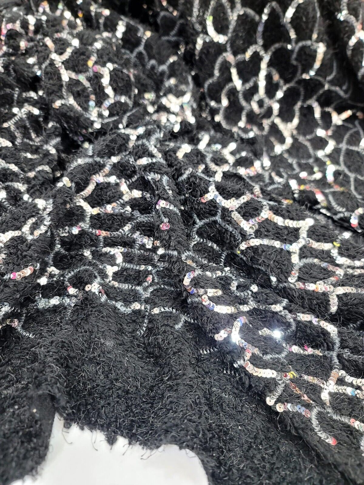 Sequin Faux Fur Stretch Fabric Black Silver