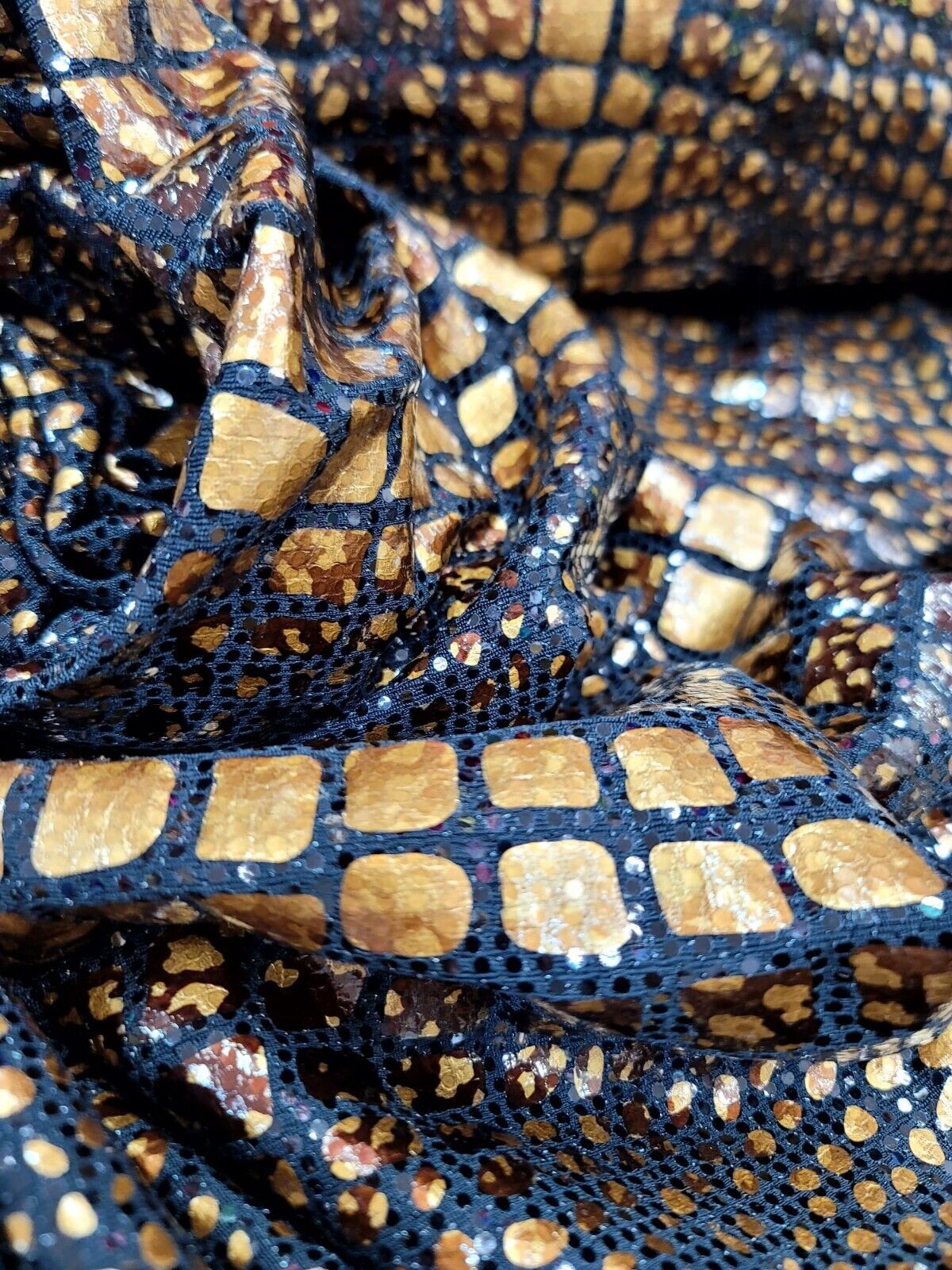 Sequin Stretch Fabric Brown Golden Desert Python Print