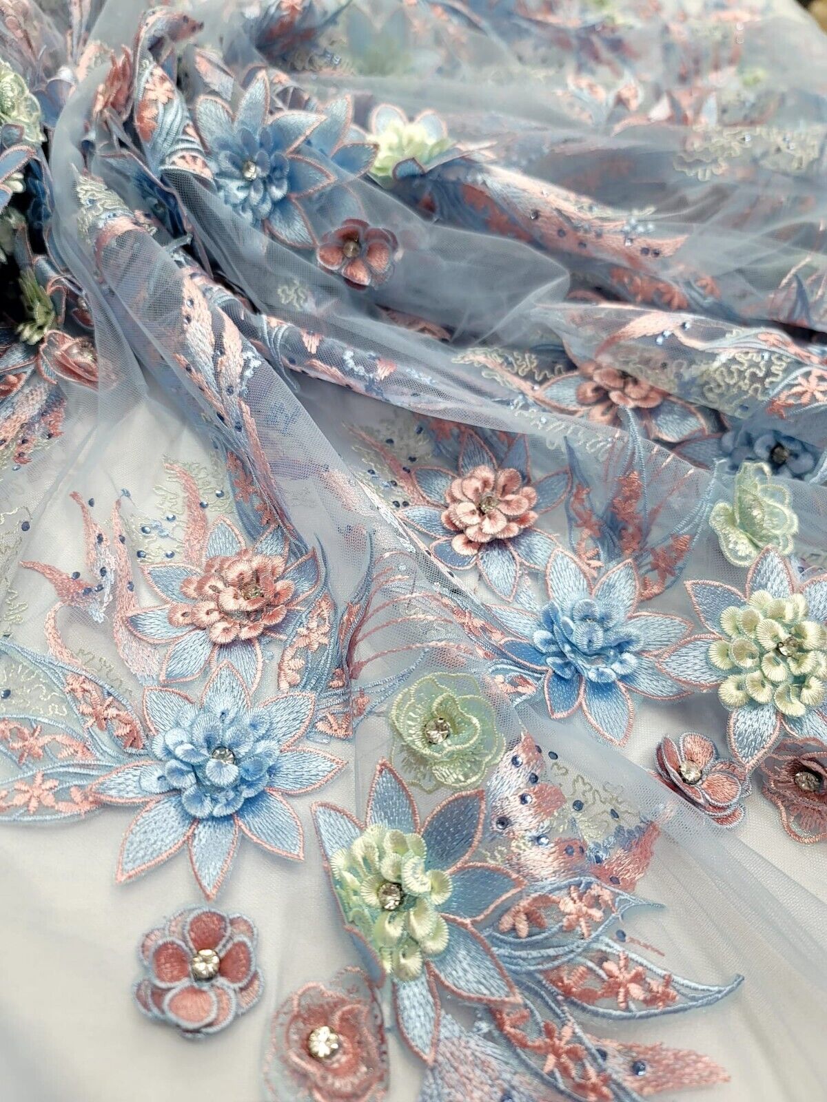 3D Floral Lace with Rhinestones in Sage Pink and Sky Blue