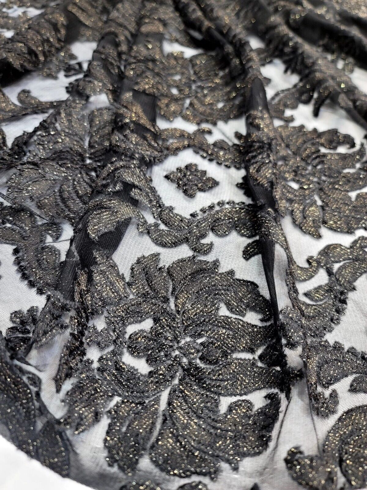 Embroidered Stretch Lace Fabric Black Gold Accent