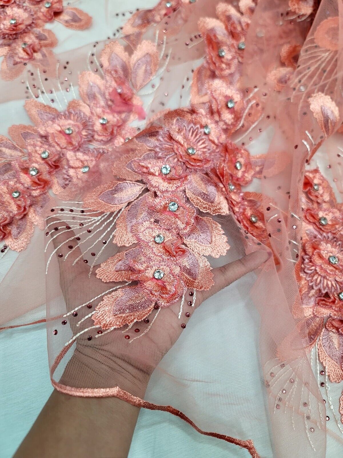 3D Floral Lace Coral Beaded