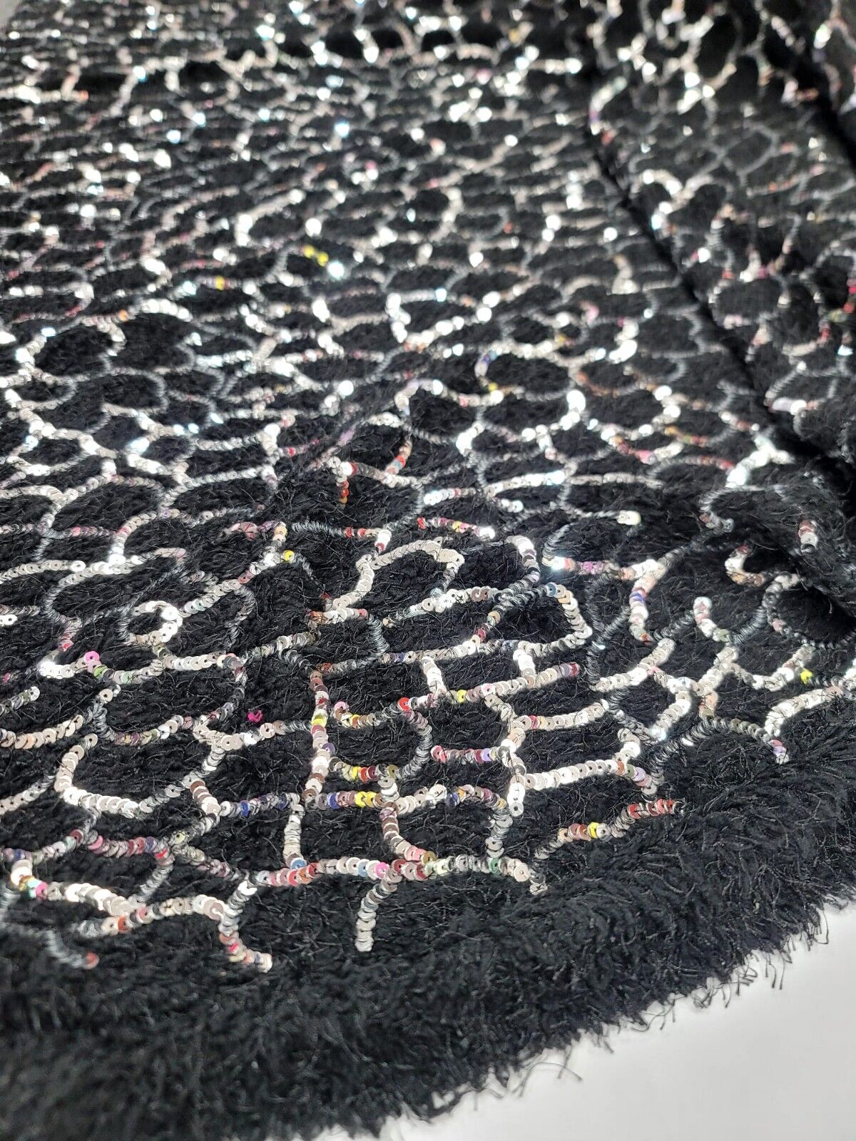 Sequin Faux Fur Stretch Fabric Black Silver