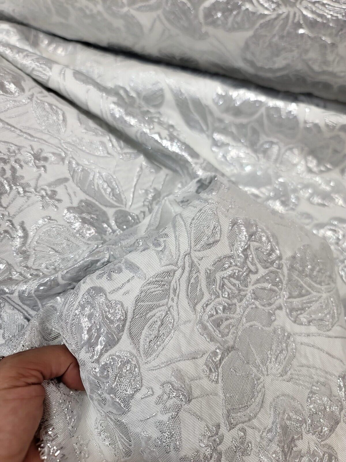 White Silver Floral Brocade Fabric