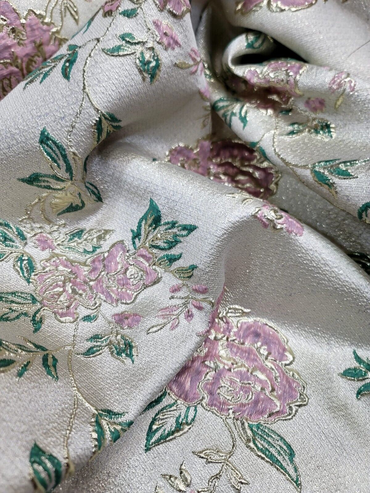 Brocade Jacquard Metallic Eyelash Fabric Sage Pink Gold