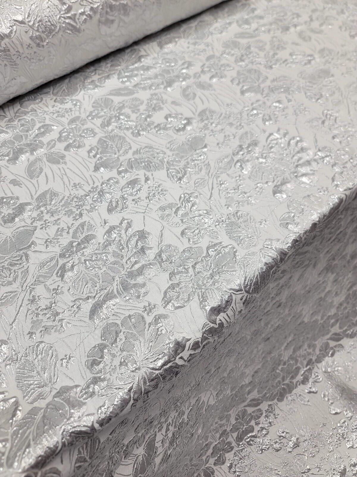 White Silver Floral Brocade Fabric