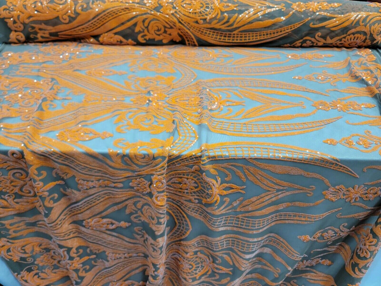 Orange Sequin Embroidered Lace Stretch Mesh Fabric