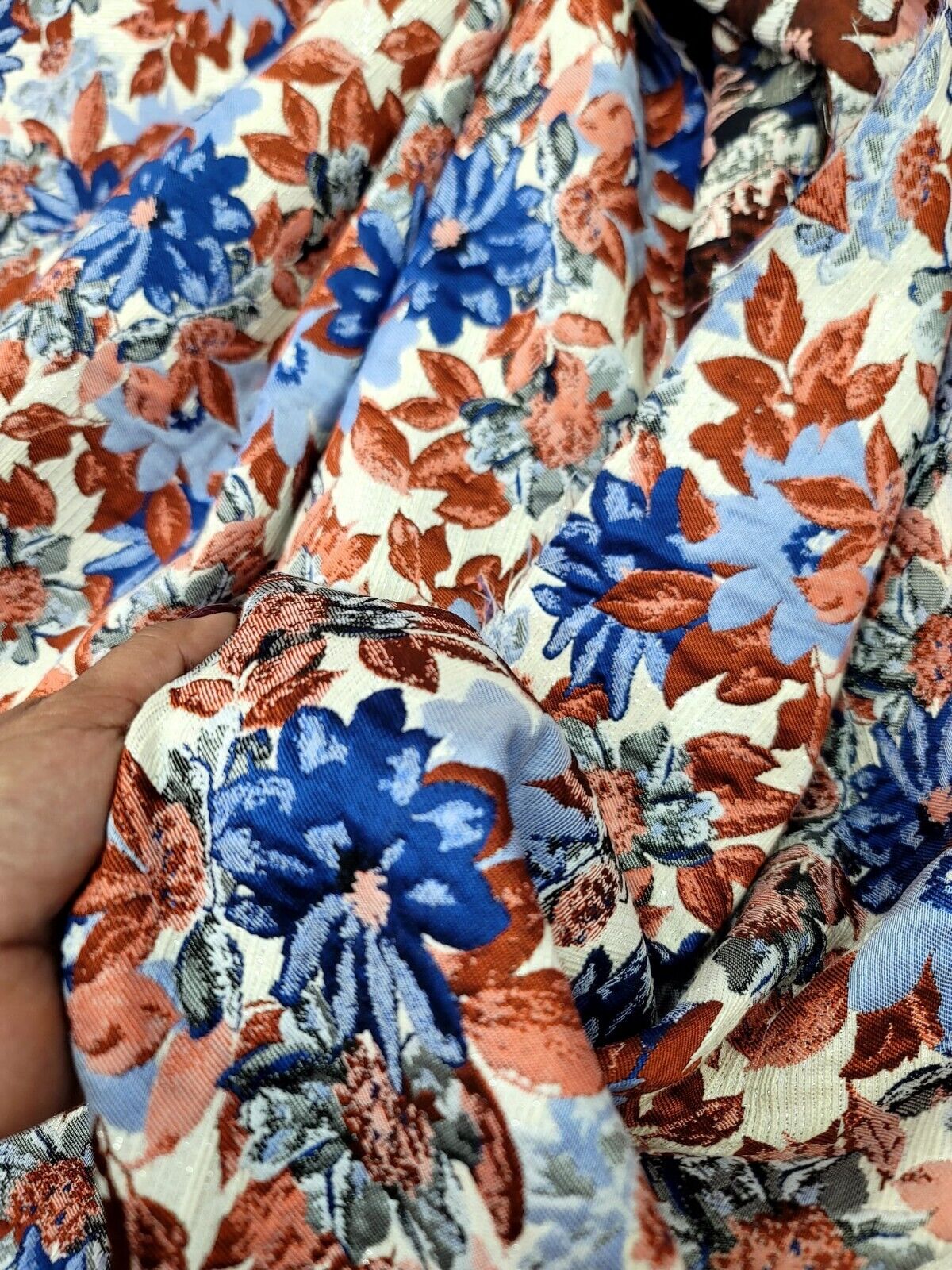 Brocade Jacquard Floral Chenille Fabric Blue Maroon Coral