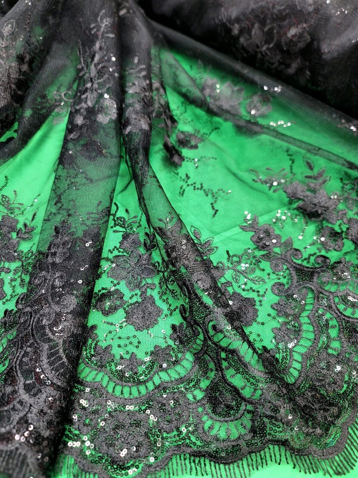 Black Embroidered Sequin Lace Fabric