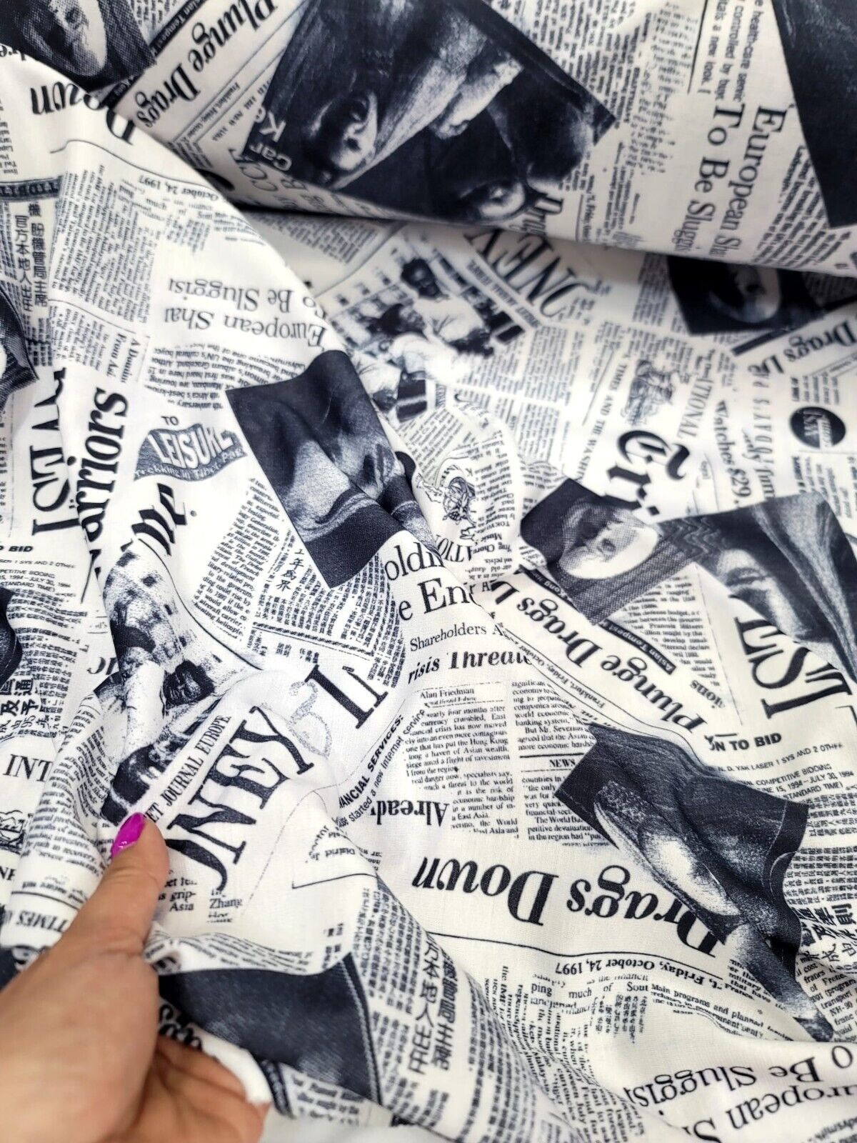 Cotton Newspaper Print Fabric Black and White