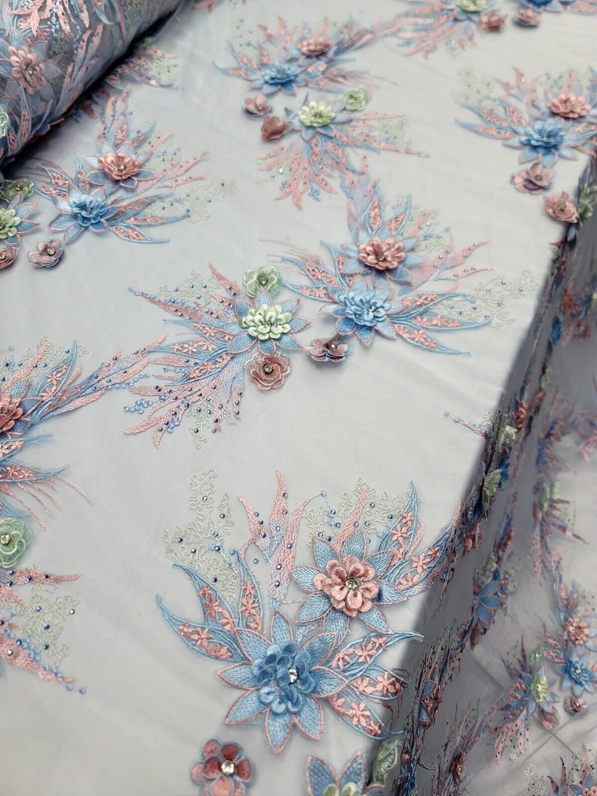 3D Floral Lace with Rhinestones in Sage Pink and Sky Blue