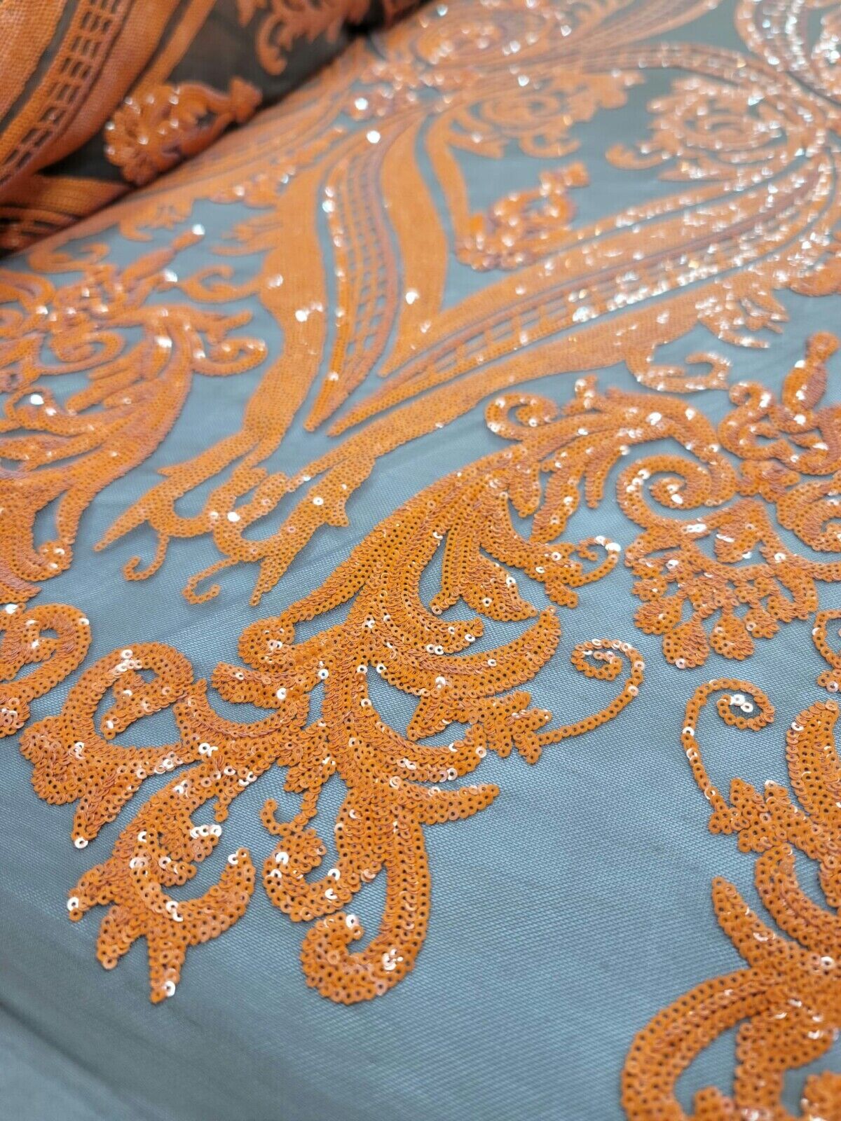 Orange Sequin Embroidered Lace Stretch Mesh Fabric