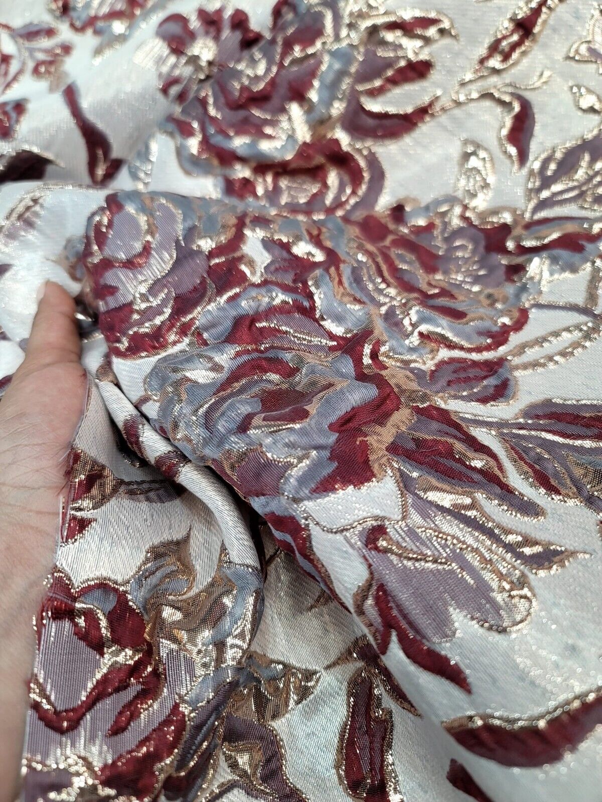 Burgundy Metallic Brocade Floral Fabric