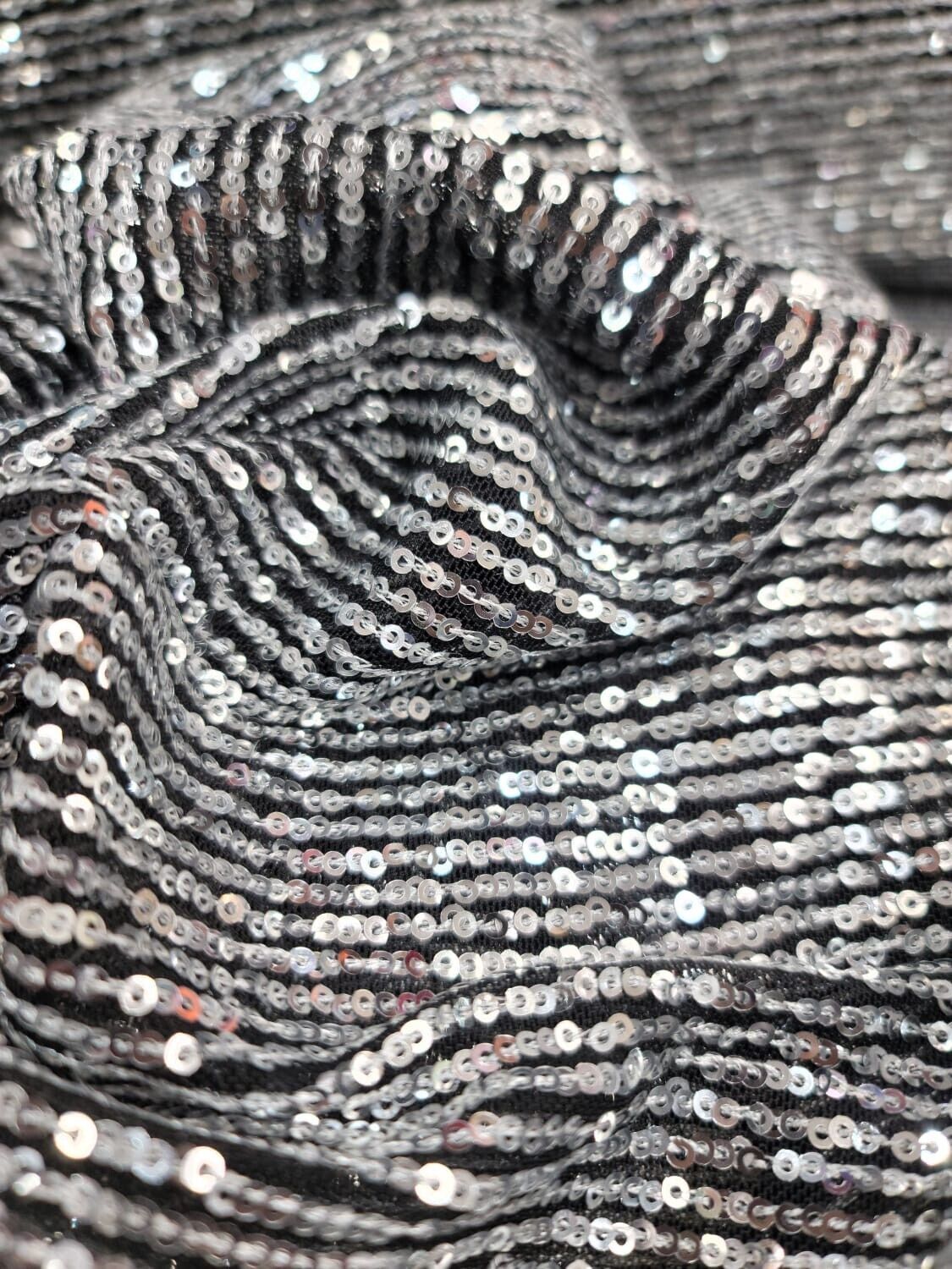 Sequin Stretch Mesh Fabric Silver on Black
