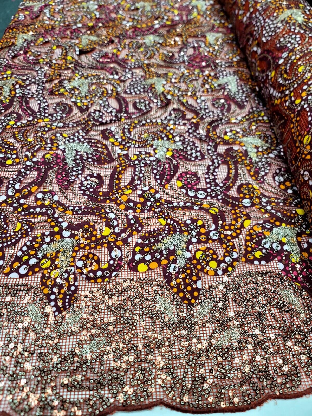 Maroon Sequins Embroidery Fish Net Lace