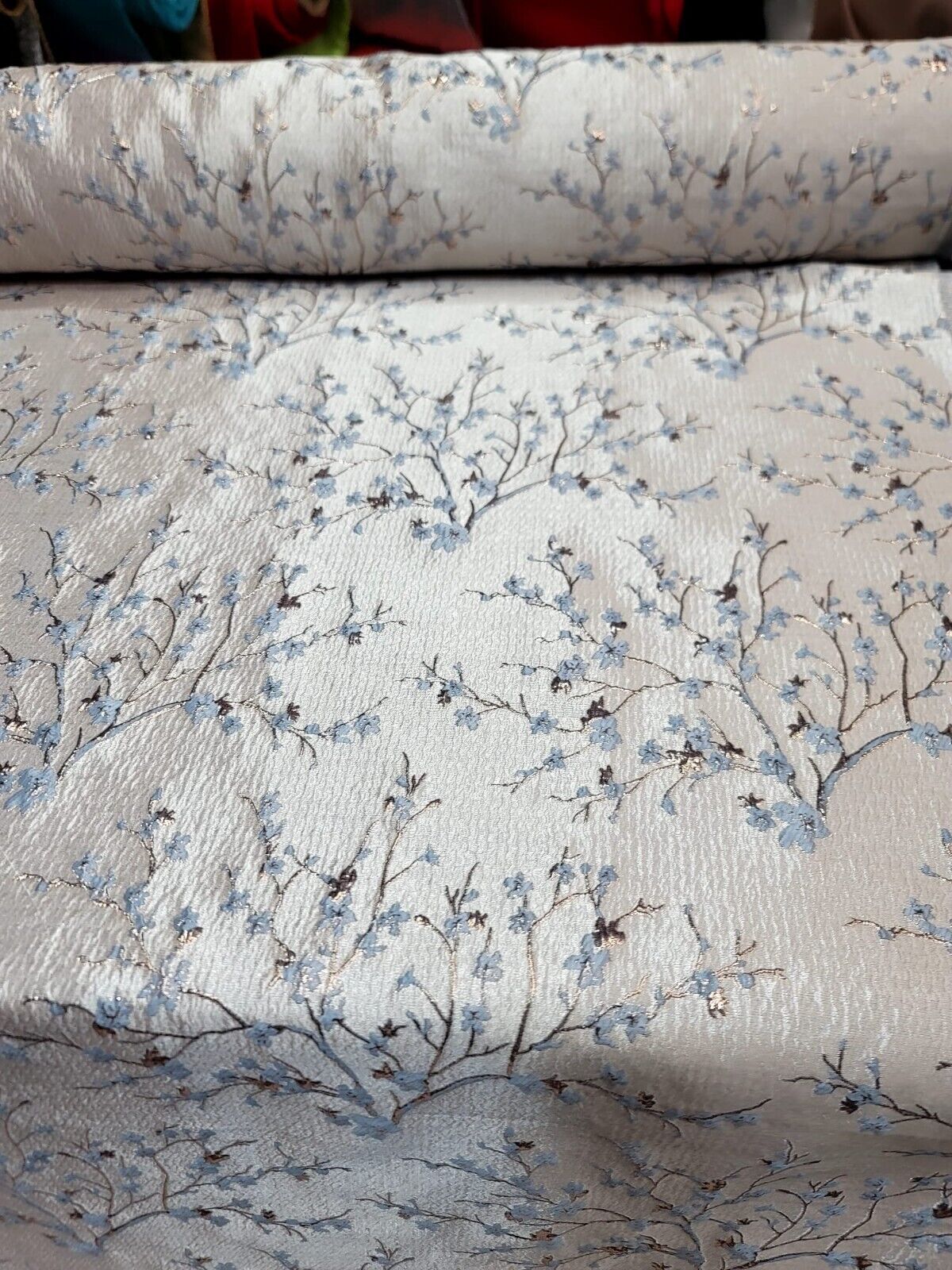Brocade Jacquard Floral Fabric Baby Blue Gold