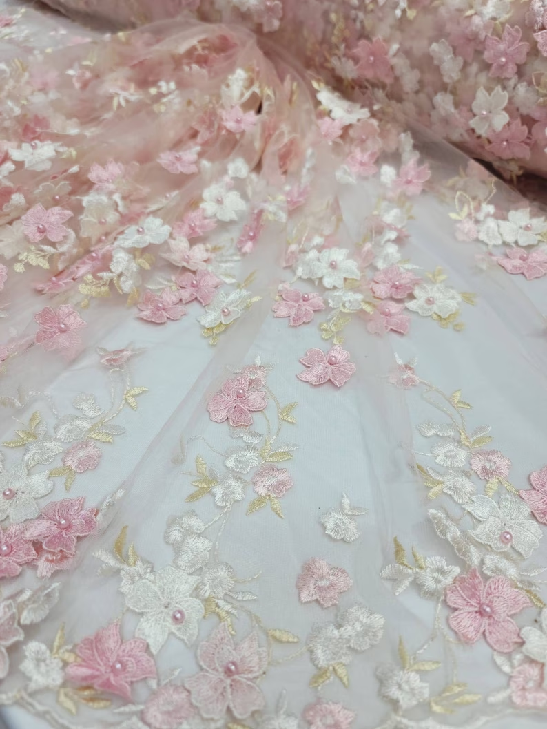 3D Floral Lace on Mesh Pink and Blush