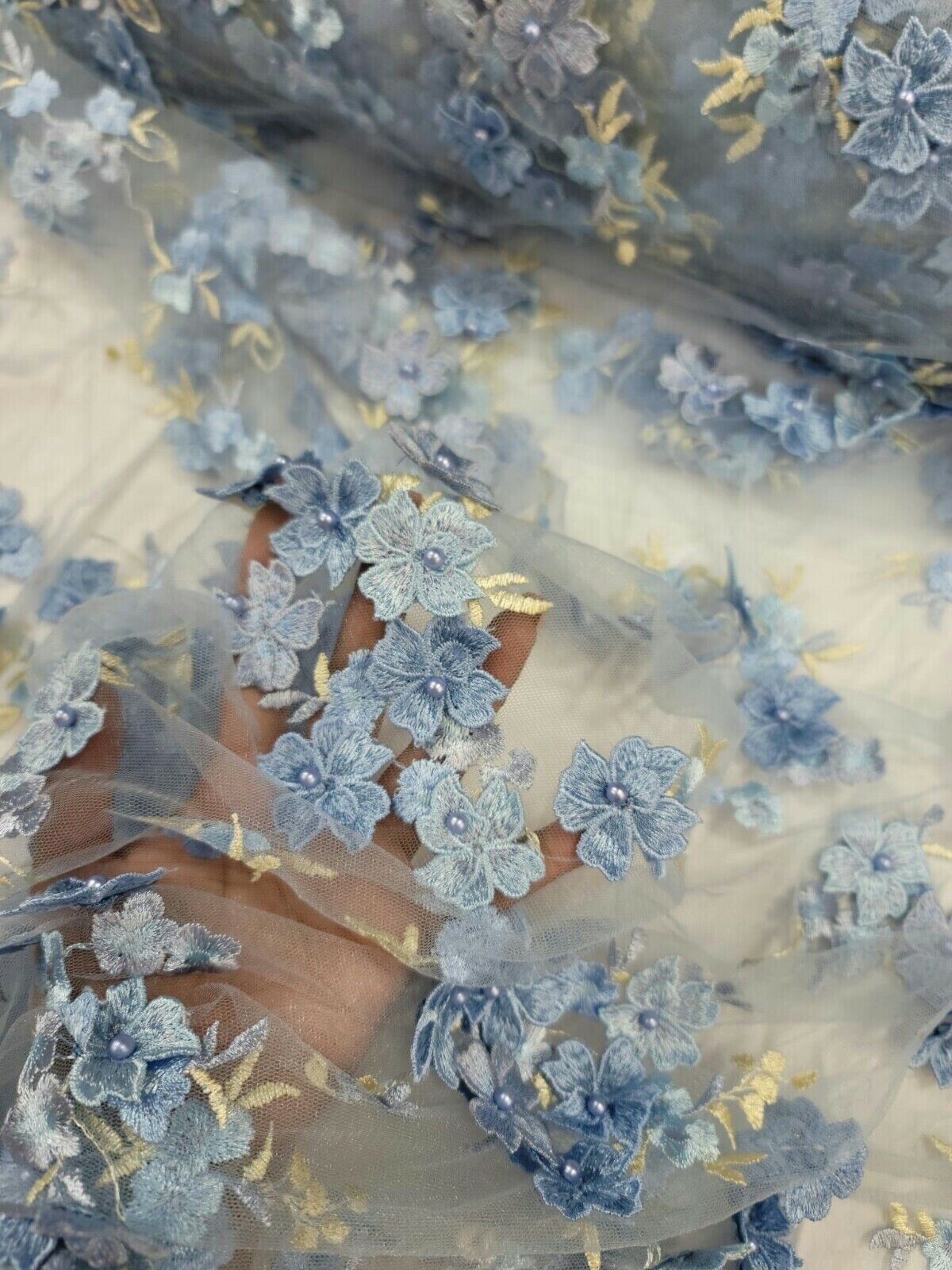 3D Floral Lace on Mesh Sky Blue and Light Yellow