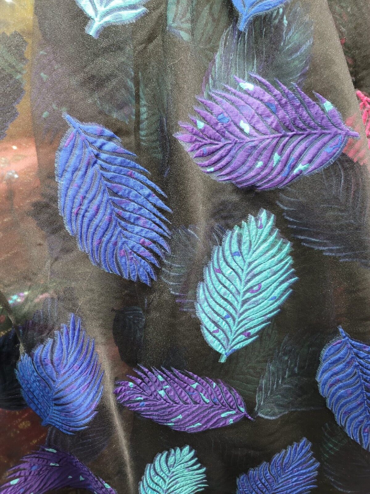 Organza Brocade Fabric Leaves Purple Aqua Blue on Black