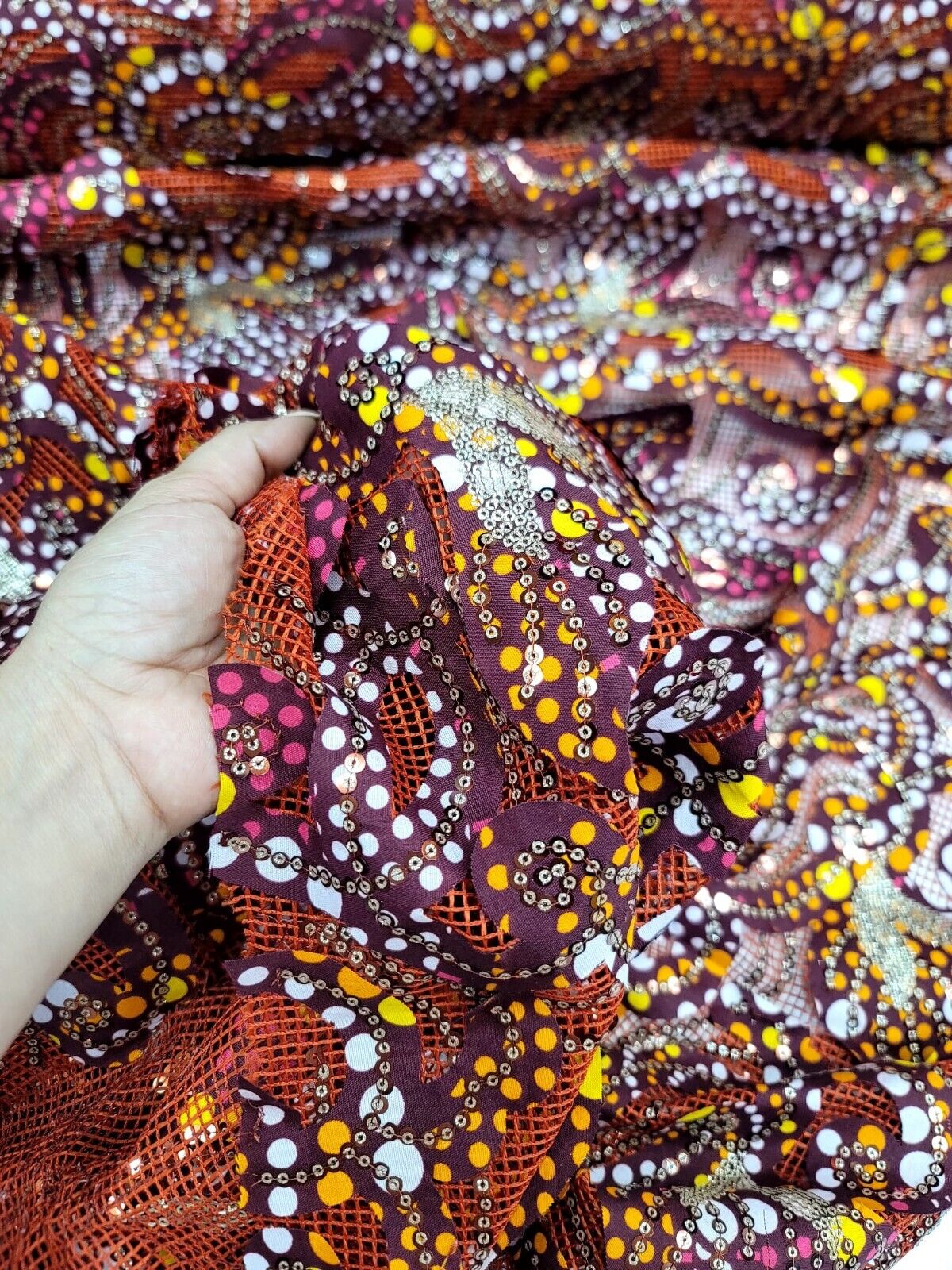 Maroon Sequins Embroidery Fish Net Lace